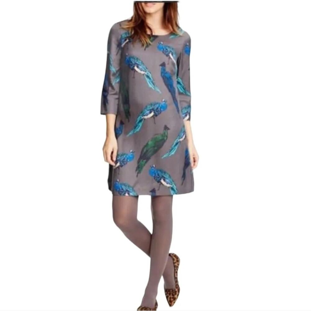 BODEN Eliza Peacock Print Silk Tunic Dress Size 8 Long FLAWED